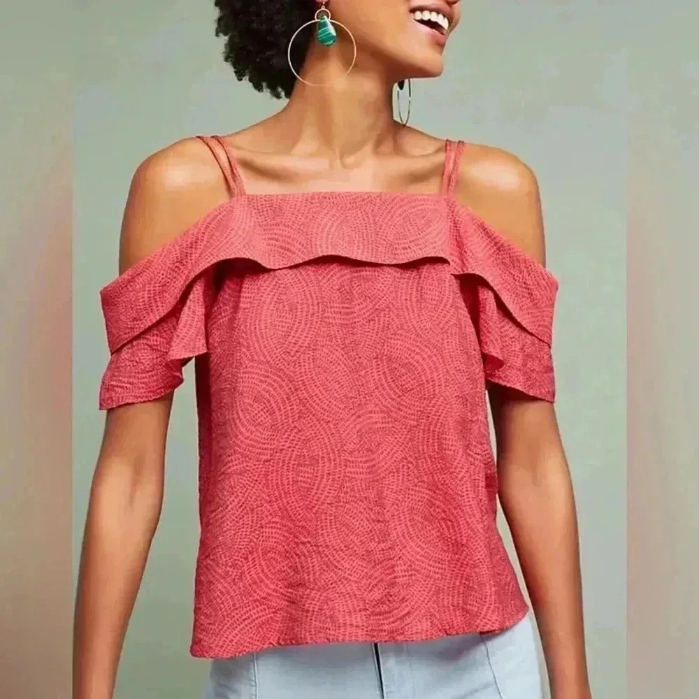 Maeve Mandalay Open Shoulder Blouse Size XS Pink Red Anthropologie